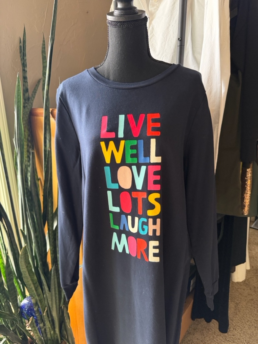 Boden Navy Sweatshirt Dress with Multicolor Block Letter Graphic